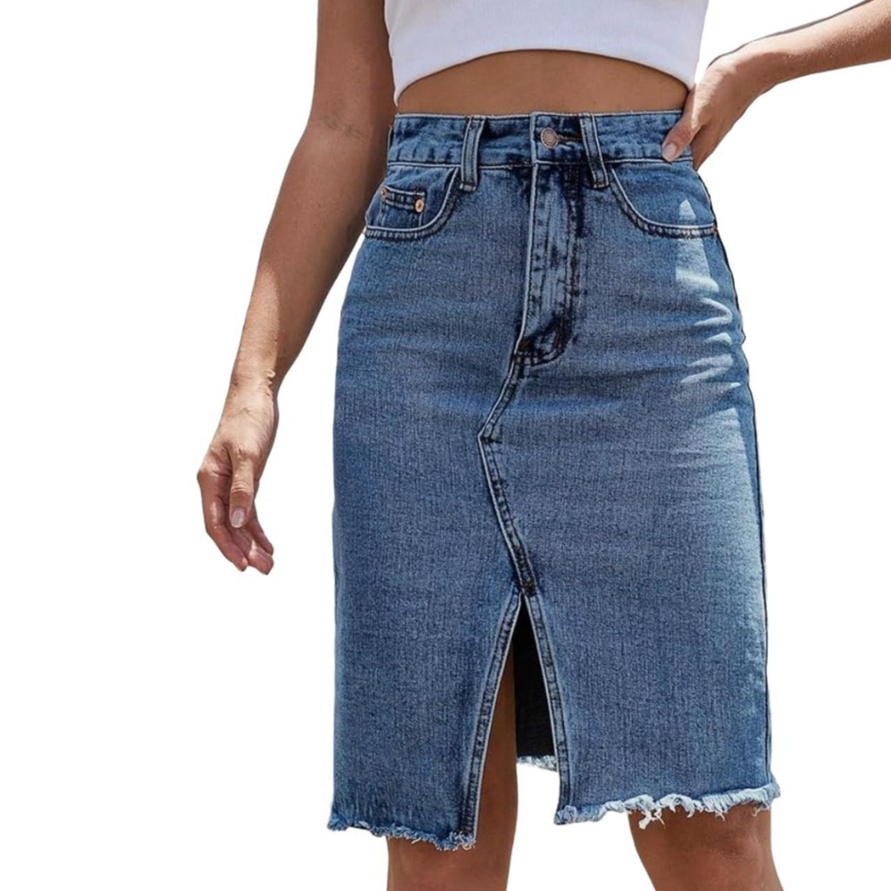 High Waisted Slit Front  Bodycon Midi Denim Pencil Skirt with Fringe Hem